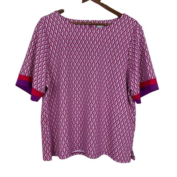 Chicos 3 Top XL‎ Purple Red Geometric Colorblock Trim Short Sleeve Zipper Blouse - Picture 1 of 12